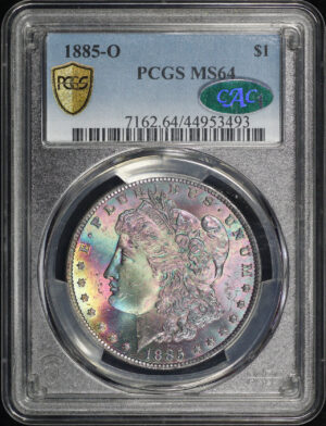 Obverse of this 1885-O Morgan Dollar PCGS MS-64 CAC Vibrant Banded Rainbow Toning