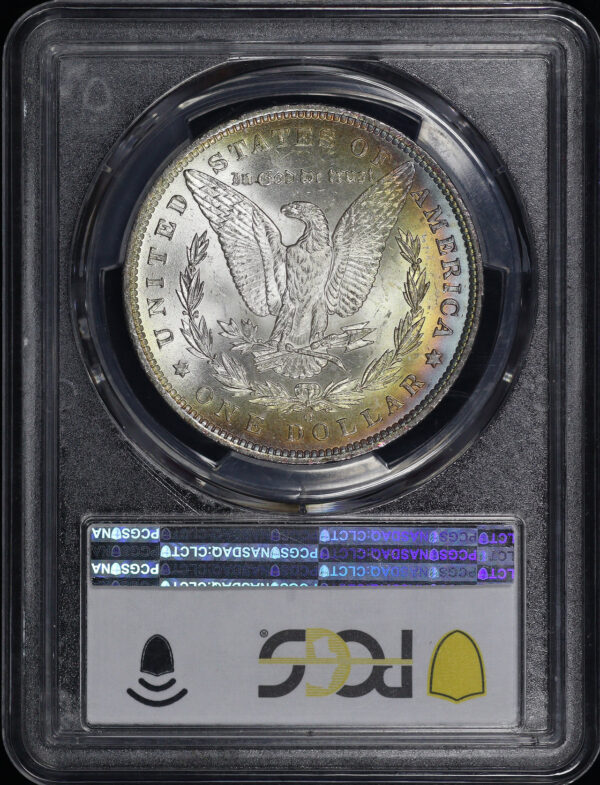 Reverse of this 1885-O Morgan Dollar PCGS MS-64 CAC Vibrant Banded Rainbow Toning