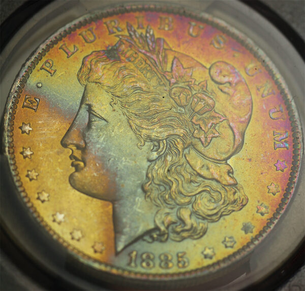 Gallery image of this 1885-O Morgan Dollar PCGS MS-67 Banded Rainbow Obverse Toning