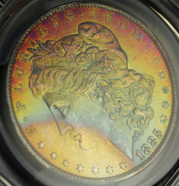 Gallery image of this 1885-O Morgan Dollar PCGS MS-67 Banded Rainbow Obverse Toning