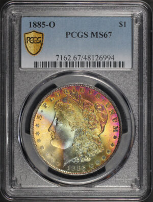 Obverse of this 1885-O Morgan Dollar PCGS MS-67 Banded Rainbow Obverse Toning