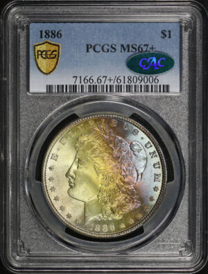 Obverse of this 1886 Morgan Dollar PCGS MS-67+ CAC Rainbow Toning