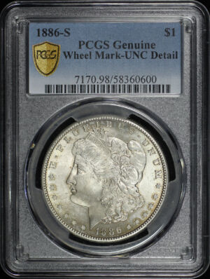 Obverse of this 1886-S Morgan Dollar PCGS UNC Details Wheel Mark