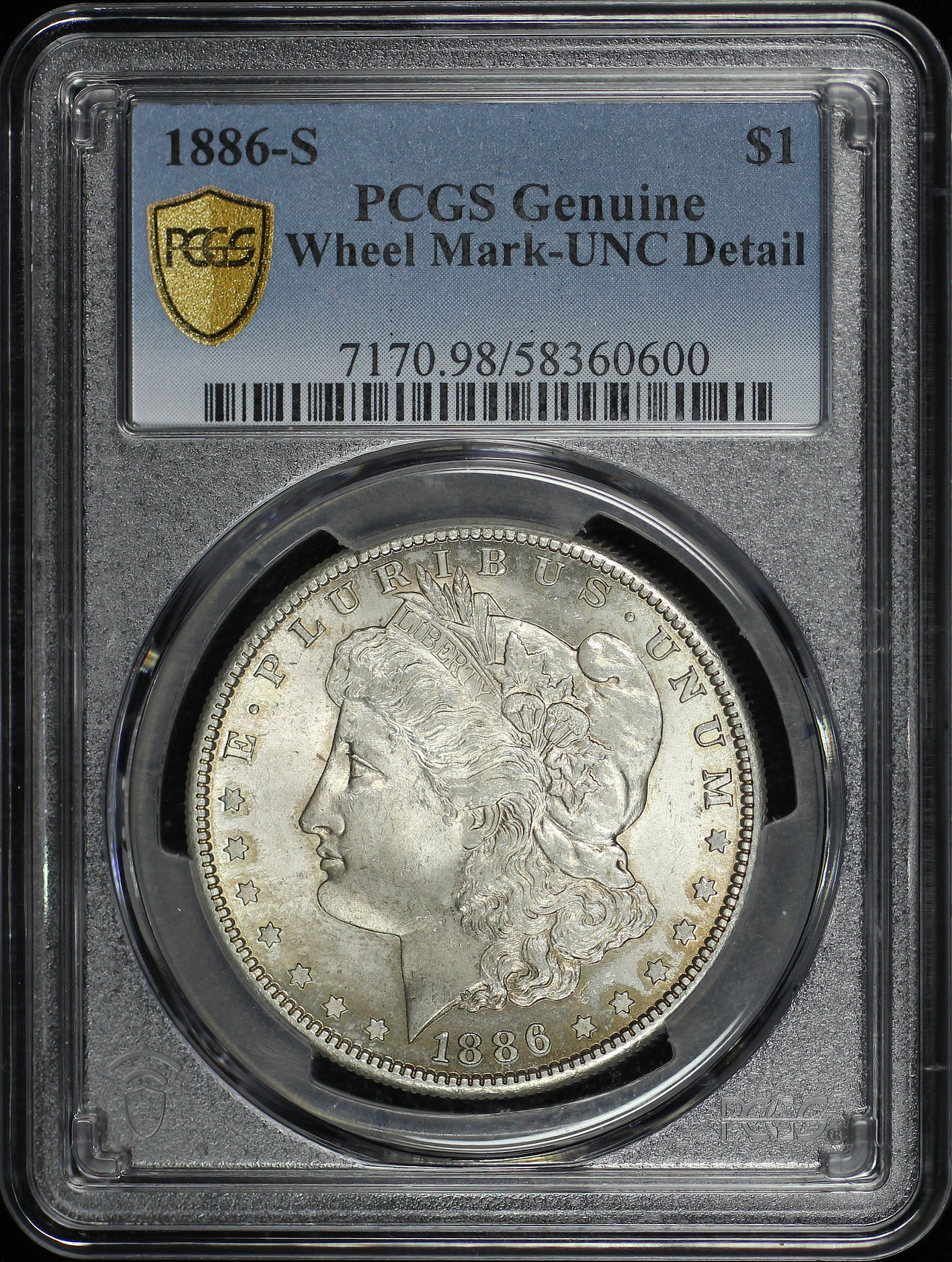Obverse of this 1886-S Morgan Dollar PCGS UNC Details Wheel Mark