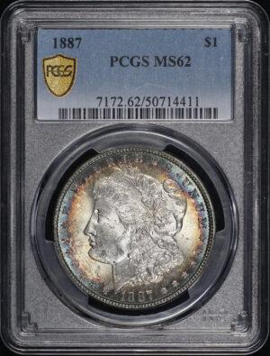 Obverse of this 1887 Morgan Dollar PCGS MS-62 – Blue & Sunset Hue Bullseye Rim Toning