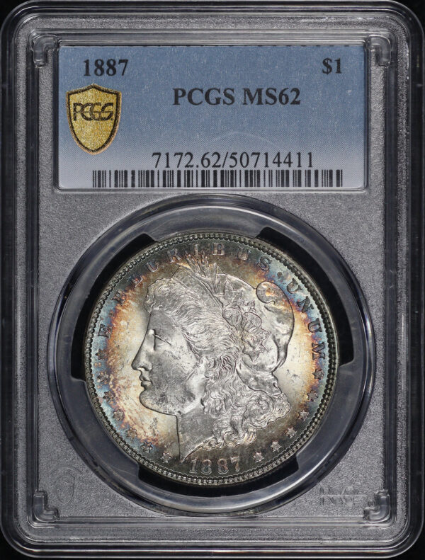 Obverse of this 1887 Morgan Dollar PCGS MS-62 – Blue & Sunset Hue Bullseye Rim Toning