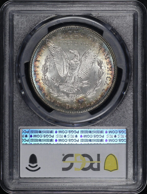 Reverse of this 1887 Morgan Dollar PCGS MS-62 – Blue & Sunset Hue Bullseye Rim Toning