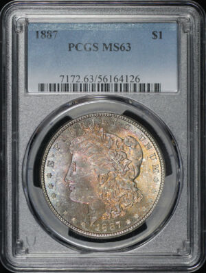 Obverse of this 1887 Morgan Dollar PCGS MS-63 Rainbow Toning