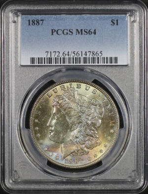 Obverse of this 1887 Morgan Dollar PCGS MS-64 Rainbow Toning