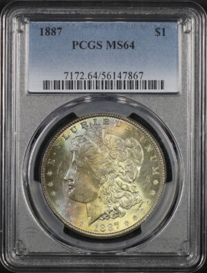 Obverse of this 1887 Morgan Dollar PCGS MS-64 Rainbow Toning