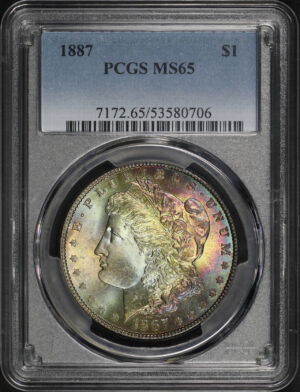 Obverse of this 1887 Morgan Dollar PCGS MS-65 Rainbow Toning 