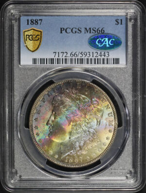 Obverse of this 1887 Morgan Dollar PCGS MS-66 CAC Rainbow Toning