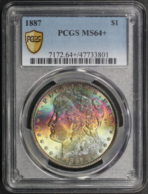 Obverse of this 1887 Morgan Dollar PCGS MS-64+ Banded Rainbow Obverse Toning