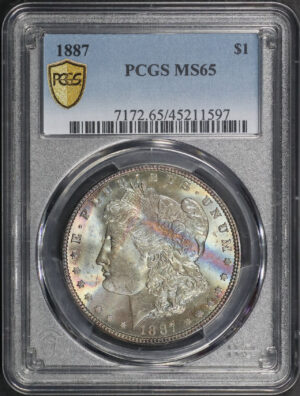 Obverse of this 1887 Morgan Dollar PCGS MS-65 Pastel Obverse Toning