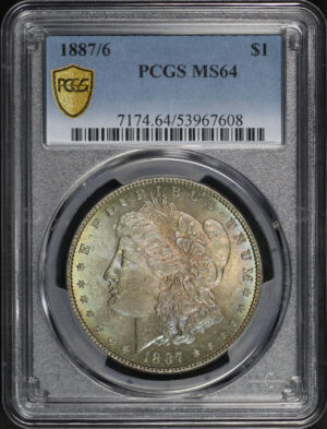 Obverse of this 1887/6 Morgan Dollar Rainbow Toning  PCGS MS-64