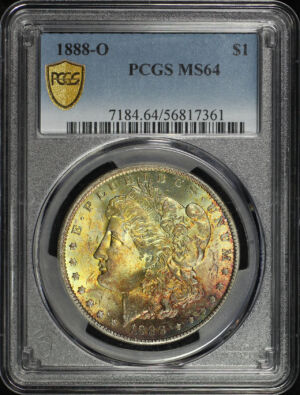 Obverse of this 1888-O Morgan Dollar PCGS MS-64 Rainbow Toning