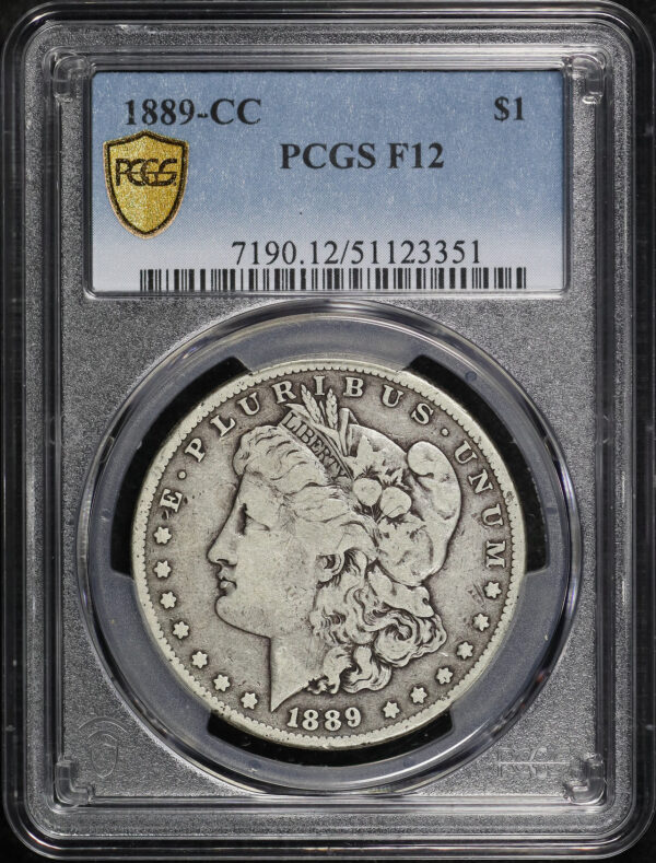 Obverse of this 1889-CC Morgan Dollar PCGS F-12