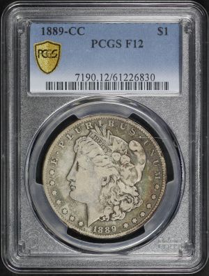 Obverse of this 1889-CC Morgan Dollar PCGS F-12