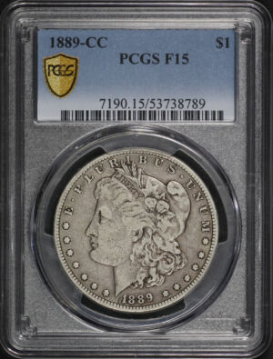 Obverse of this 1889-CC Morgan Dollar PCGS F-15