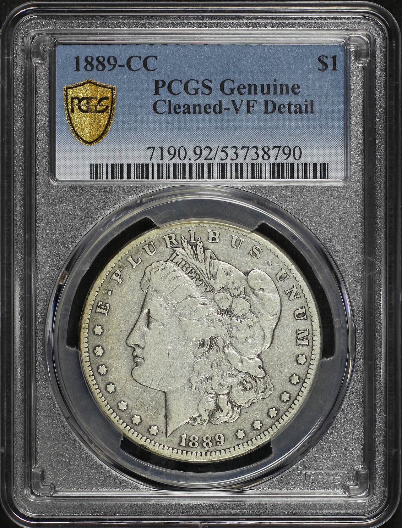 Obverse of this 1889-CC Morgan Dollar PCGS VF Details Cleaned