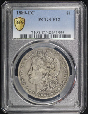 Obverse of this 1889-CC Morgan Dollar PCGS F-12