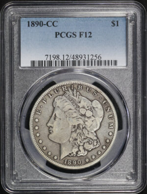Obverse of this 1890-CC Morgan Dollar PCGS F-12