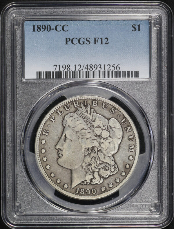 Obverse of this 1890-CC Morgan Dollar PCGS F-12