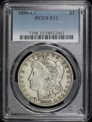 Obverse of this 1890-CC Morgan Dollar PCGS F-12