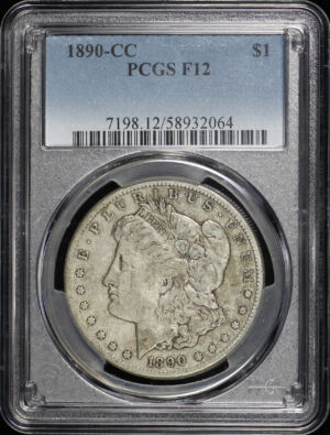 Obverse of this 1890-CC Morgan Dollar PCGS F-12