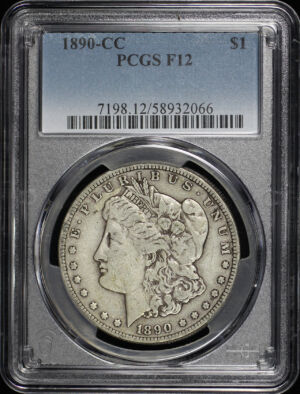 Obverse of this 1890-CC Morgan Dollar PCGS F-12