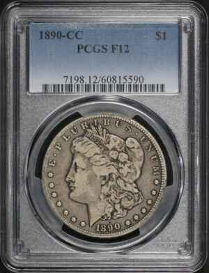Obverse of this 1890-CC Morgan Dollar PCGS F-12