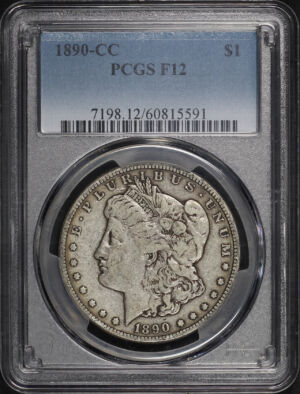 Obverse of this 1890-CC Morgan Dollar PCGS F-12