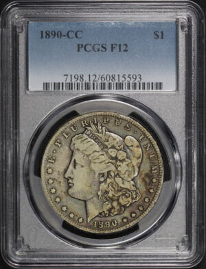 Obverse of this 1890-CC Morgan Dollar PCGS F-12