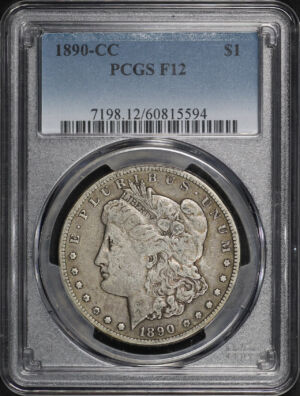 Obverse of this 1890-CC Morgan Dollar PCGS F-12
