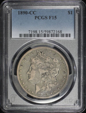 Obverse of this 1890-CC Morgan Dollar PCGS F-15