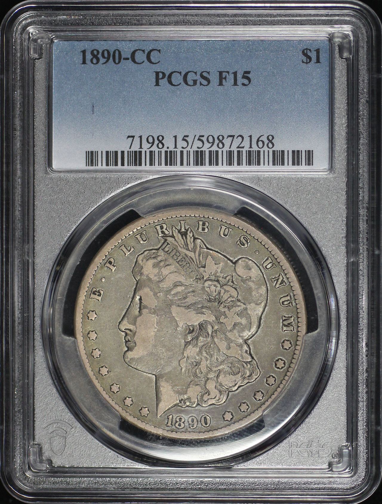 Obverse of this 1890-CC Morgan Dollar PCGS F-15
