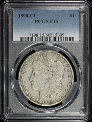 Obverse of this 1890-CC Morgan Dollar PCGS F-15