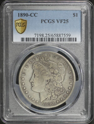 Obverse of this 1890-CC Morgan Dollar PCGS VF-25