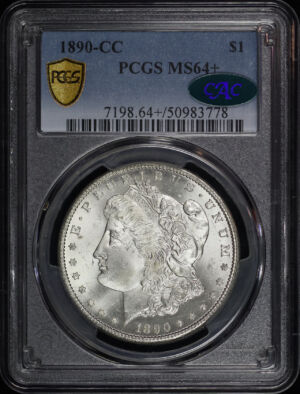 Obverse of this 1890-CC Morgan Dollar PCGS MS-64+ CAC