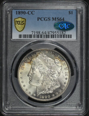 Obverse of this 1890-CC Morgan Dollar PCGS MS-64 CAC