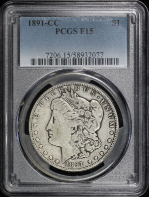 Obverse of this 1891-CC Morgan Dollar PCGS F-15