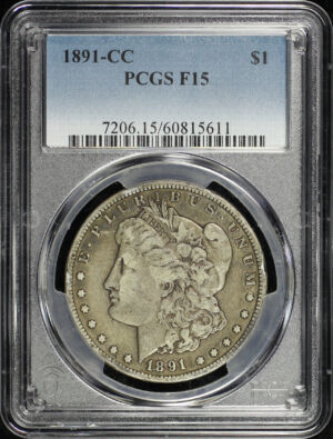 Obverse of this 1891-CC Morgan Dollar PCGS F-15