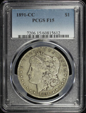 Obverse of this 1891-CC Morgan Dollar PCGS F-15