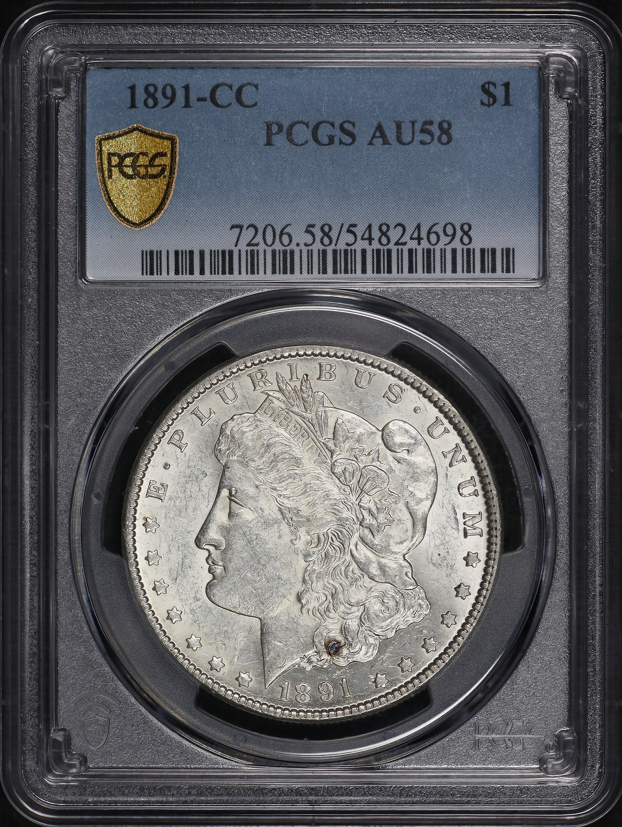 Obverse of this 1891-CC Morgan Dollar PCGS AU-58