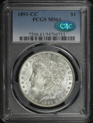 Obverse of this 1891-CC Morgan Dollar PCGS MS-61 CAC