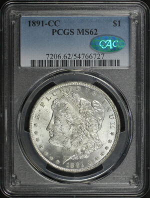 Obverse of this 1891-CC Morgan Dollar PCGS MS-62 CAC