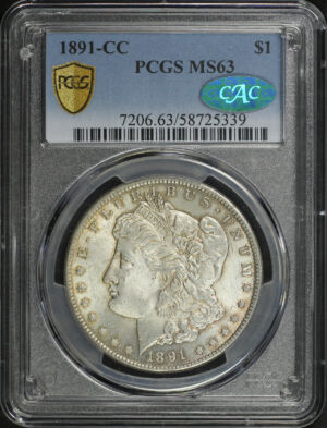 Obverse of this 1891-CC Morgan Dollar PCGS MS-63 CAC