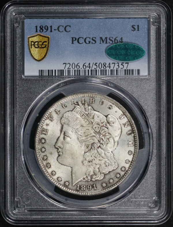 Obverse of this 1891-CC Morgan Dollar PCGS MS-64 CAC