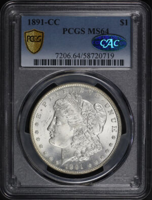 Obverse of this 1891-CC Morgan Dollar PCGS MS-64 CAC