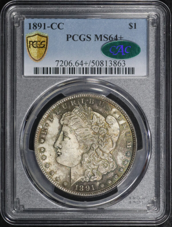 Obverse of this 1891-CC Morgan Dollar PCGS MS-64+ CAC
